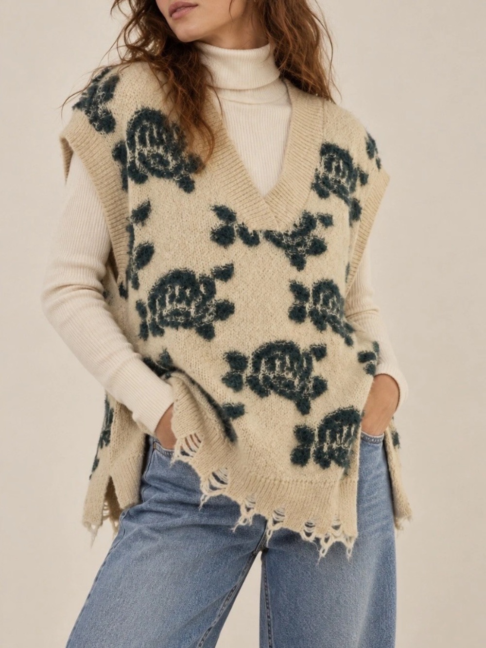 Anthropologie Distressed Floral Knit Sweater Vest V-Neck Top Small